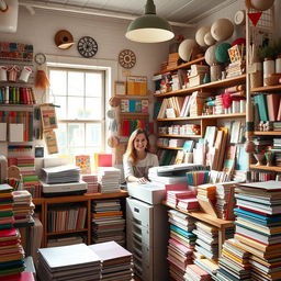 A cozy stationery and photocopy shop filled with colorful office supplies, paper stacks, and a photocopier in the corner