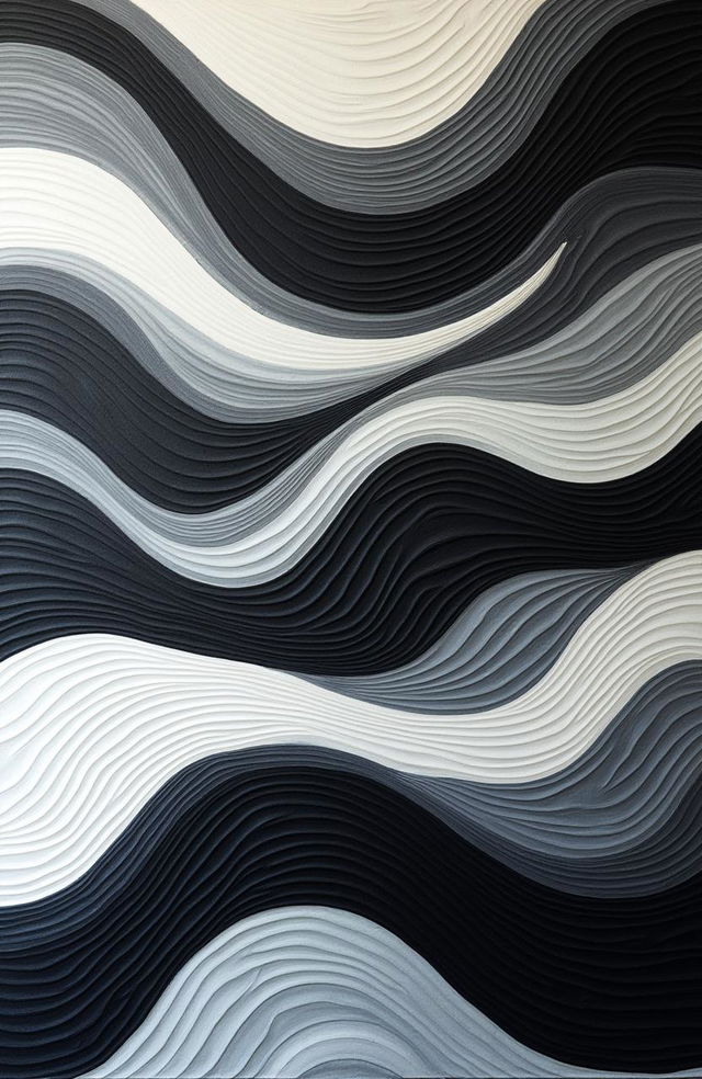 A dynamic scene featuring abstract, curling black and white waves