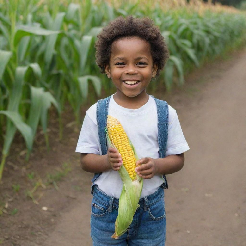 A full-length image of a happy child, holding a fresh corn cob outstretched, as if to present it to someone.