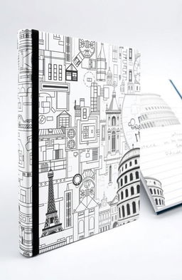 A beautifully designed notebook entitled 'Archessive' that embodies elements of architecture, featuring a sleek cover with intricate architectural patterns like blueprints, floor plans, and iconic architectural landmarks