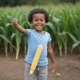 A full-length image of a happy child, holding a fresh corn cob outstretched, as if to present it to someone.