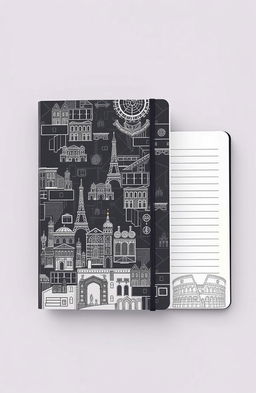 A beautifully designed notebook entitled 'Archessive' that embodies elements of architecture, featuring a sleek cover with intricate architectural patterns like blueprints, floor plans, and iconic architectural landmarks