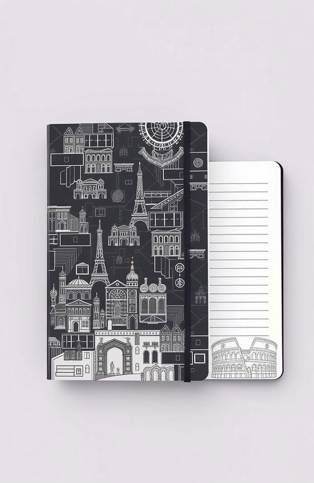 A beautifully designed notebook entitled 'Archessive' that embodies elements of architecture, featuring a sleek cover with intricate architectural patterns like blueprints, floor plans, and iconic architectural landmarks