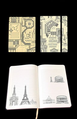 A beautifully designed notebook entitled 'Archessive' that embodies elements of architecture, featuring a sleek cover with intricate architectural patterns like blueprints, floor plans, and iconic architectural landmarks