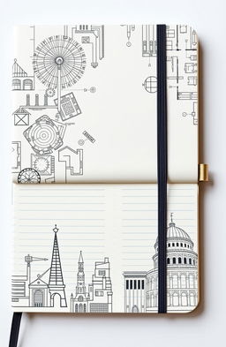 A beautifully designed notebook entitled 'Archessive' that embodies elements of architecture, featuring a sleek cover with intricate architectural patterns like blueprints, floor plans, and iconic architectural landmarks