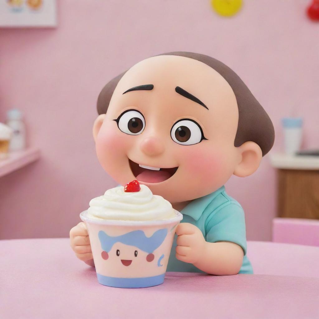 Anime character Shinchan mischievously enjoying a creamy dessert, suggesting a naughty, playful charm.