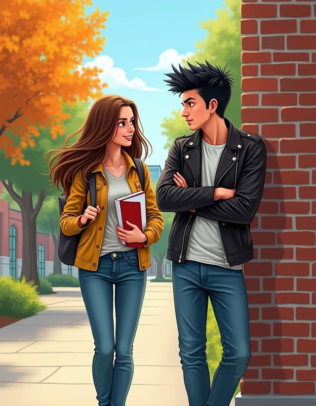 A realistic modern drawing for a romance book cover, featuring an innocent college girl with long brown hair walking ahead