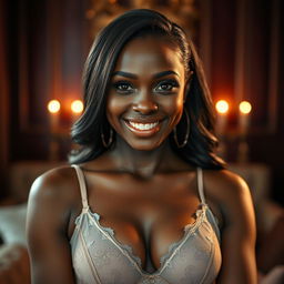 A captivating and artistic depiction of an attractive adult black woman with an alluring smile, showcasing her confidence and beauty