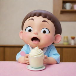 Anime character Shinchan mischievously enjoying a creamy dessert, suggesting a naughty, playful charm.