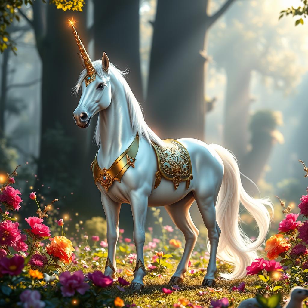 A majestic representation of Elrin, the Empress Unicorn, standing regally in an enchanting forest glade