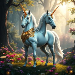 A majestic representation of Elrin, the Empress Unicorn, standing regally in an enchanting forest glade