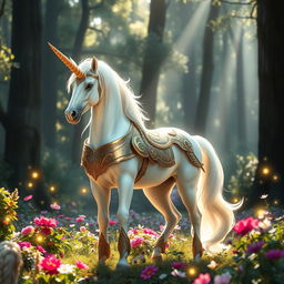 A majestic representation of Elrin, the Empress Unicorn, standing regally in an enchanting forest glade