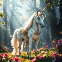 A majestic representation of Elrin, the Empress Unicorn, standing regally in an enchanting forest glade