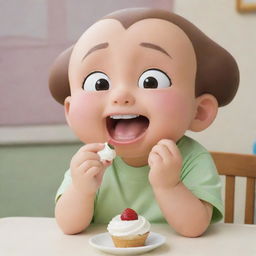 Anime character Shinchan mischievously enjoying a creamy dessert, suggesting a naughty, playful charm.