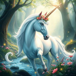 An enchanting portrayal of Elrin, the Empress Unicorn, radiating grace and majesty in a mystical forest clearing