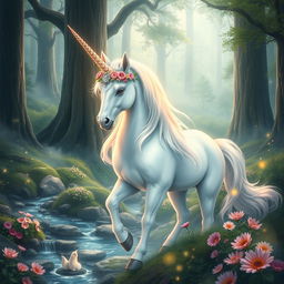 An enchanting portrayal of Elrin, the Empress Unicorn, radiating grace and majesty in a mystical forest clearing