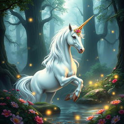 An enchanting portrayal of Elrin, the Empress Unicorn, radiating grace and majesty in a mystical forest clearing