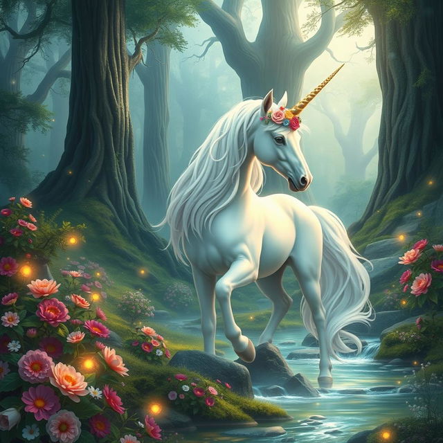 An enchanting portrayal of Elrin, the Empress Unicorn, radiating grace and majesty in a mystical forest clearing