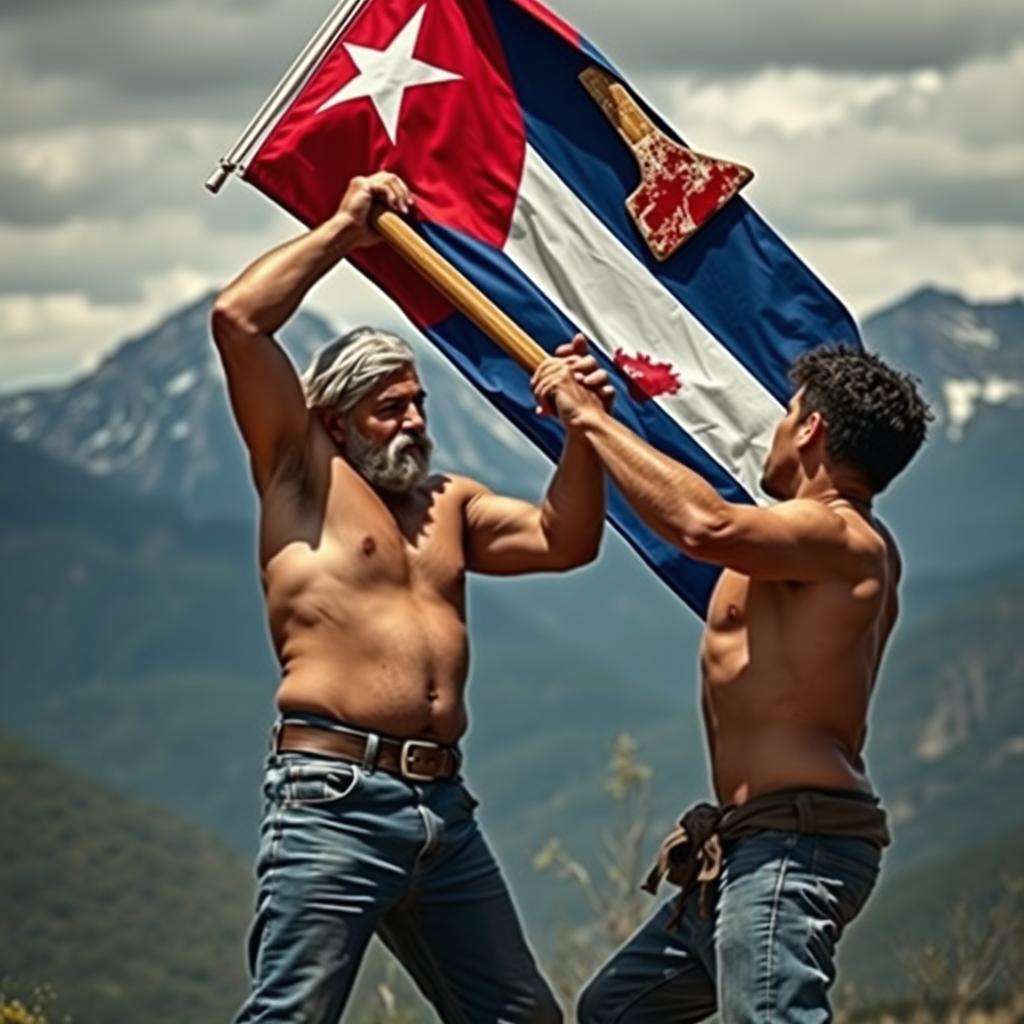 A 40-year-old Cuban man of short stature being overwhelmed by a 20-year-old man holding a blood-stained axe and a Cuba flag, stained with blood, against a mountainous landscape background