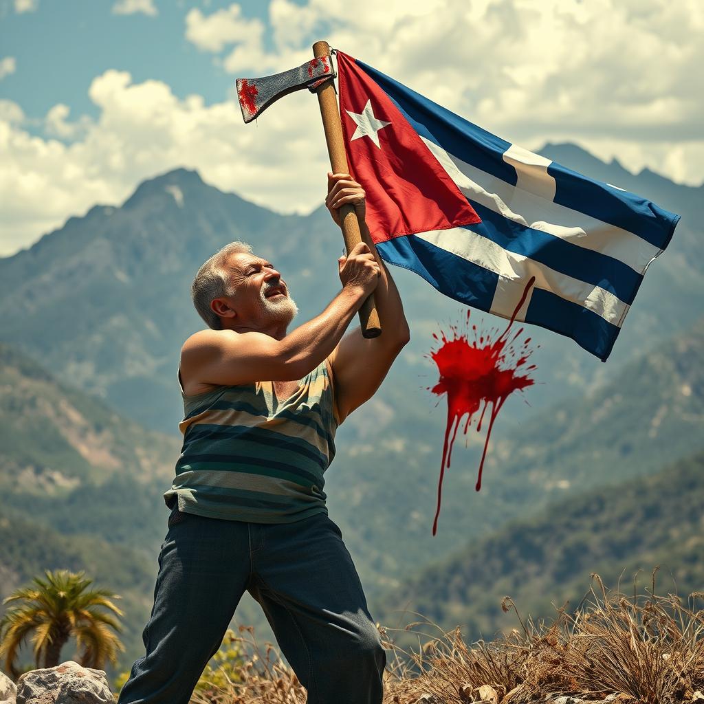 A 40-year-old Cuban man of short stature being overwhelmed by a 20-year-old man holding a blood-stained axe and a Cuba flag, stained with blood, against a mountainous landscape background