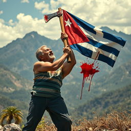 A 40-year-old Cuban man of short stature being overwhelmed by a 20-year-old man holding a blood-stained axe and a Cuba flag, stained with blood, against a mountainous landscape background