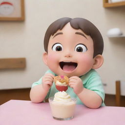 Anime character Shinchan mischievously enjoying a creamy dessert, suggesting a naughty, playful charm.