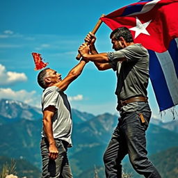 A 40-year-old Cuban man of short stature being overwhelmed by a 20-year-old man holding a blood-stained axe and a Cuba flag, stained with blood, against a mountainous landscape background