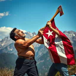 A 40-year-old Cuban man of short stature being overwhelmed by a 20-year-old man holding a blood-stained axe and a Cuba flag, stained with blood, against a mountainous landscape background