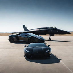 A polished black Lamborghini and a sleek matte black fighter jet, both positioned dominantly on a runway, reflecting the contrasting sunlight.