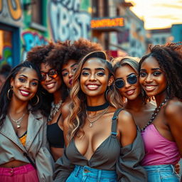 A glamorous portrait of attractive white women in a vibrant urban setting, showcasing diverse styles including chic outfits and fashionable accessories