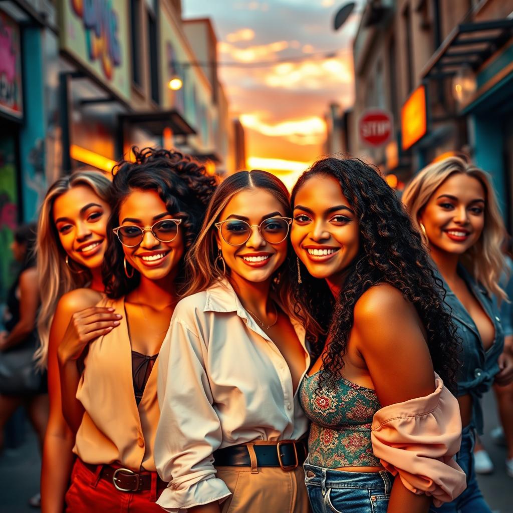 A glamorous portrait of attractive white women in a vibrant urban setting, showcasing diverse styles including chic outfits and fashionable accessories