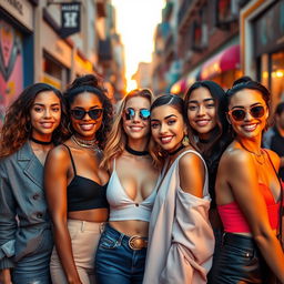 A glamorous portrait of attractive white women in a vibrant urban setting, showcasing diverse styles including chic outfits and fashionable accessories