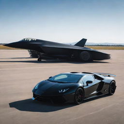 A polished black Lamborghini and a sleek matte black fighter jet, both positioned dominantly on a runway, reflecting the contrasting sunlight.