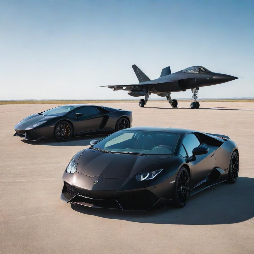 A polished black Lamborghini and a sleek matte black fighter jet, both positioned dominantly on a runway, reflecting the contrasting sunlight.