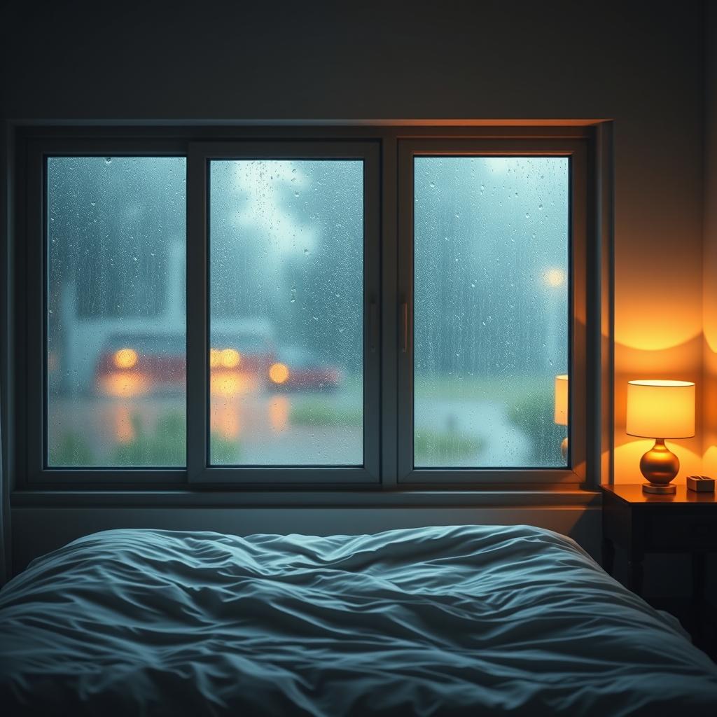 A large window showcasing a rainy day outside, with raindrops gently trickling down the glass