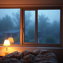 A large window showcasing a rainy day outside, with raindrops gently trickling down the glass