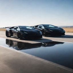 A polished black Lamborghini and a sleek matte black fighter jet, both positioned dominantly on a runway, reflecting the contrasting sunlight.