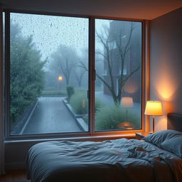 A large window showcasing a rainy day outside, with raindrops gently trickling down the glass