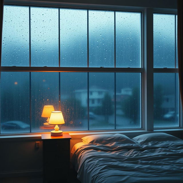 A large window showcasing a rainy day outside, with raindrops gently trickling down the glass