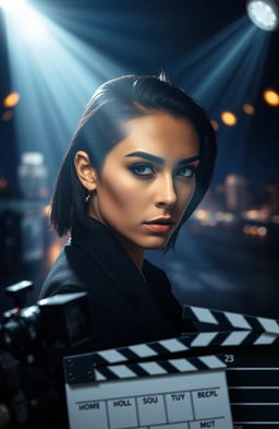 A dramatic portrait of a person in a semi-profile pose facing the camera with a mysterious expression, surrounded by spotlight beams creating an ethereal ambiance