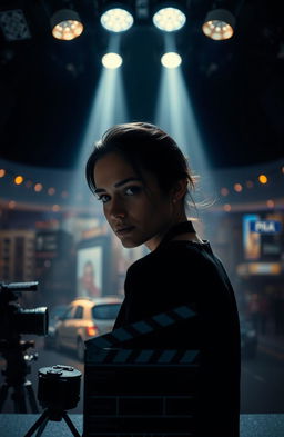 A dramatic portrait of a person in a semi-profile pose facing the camera with a mysterious expression, surrounded by spotlight beams creating an ethereal ambiance