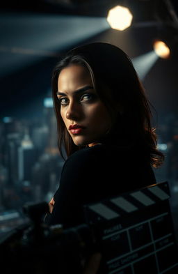 A dramatic portrait of a person in a semi-profile pose facing the camera with a mysterious expression, surrounded by spotlight beams creating an ethereal ambiance