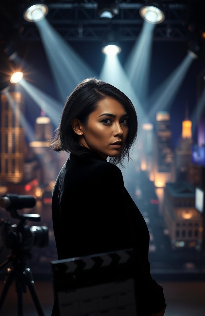 A dramatic portrait of a person in a semi-profile pose facing the camera with a mysterious expression, surrounded by spotlight beams creating an ethereal ambiance