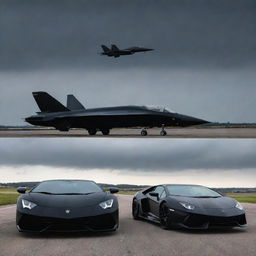 A sleek black Lamborghini and a menacing black fighter jet side by side on an open tarmac under a dusky sky.