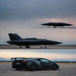 A sleek black Lamborghini and a menacing black fighter jet side by side on an open tarmac under a dusky sky.