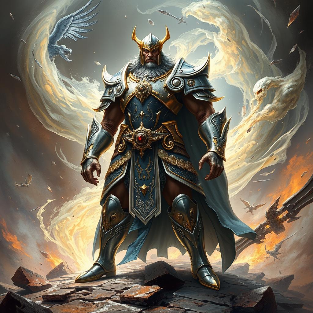 A powerful depiction of Darius, the World-Absorbing Chief of the Paladins, exhibiting an aura of immense strength and authority