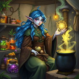 A firbolg witch from a Dungeons & Dragons setting, characterized by her unique lavender skin and vibrant blue hair cascading around her shoulders