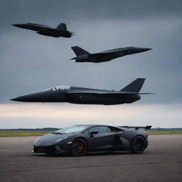 A sleek black Lamborghini and a menacing black fighter jet side by side on an open tarmac under a dusky sky.