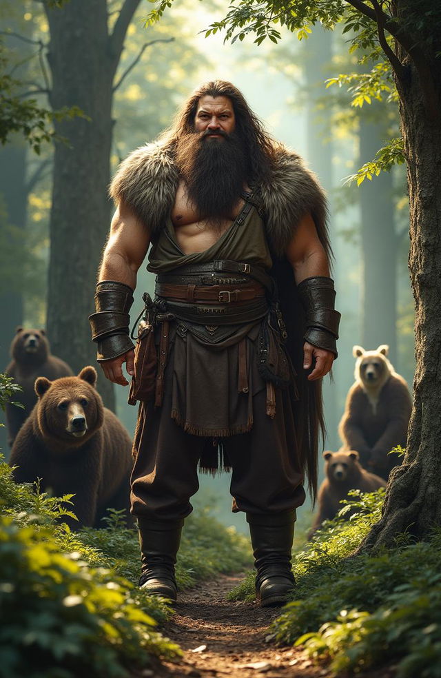 A hyper-realistic live-action portrayal of Beorn from The Hobbit, capturing his robust physique and striking features