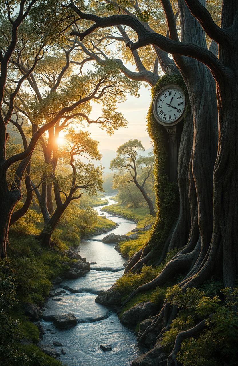 A beautiful and surreal landscape representing the passage of time, with a winding river flowing through a dense, ancient forest